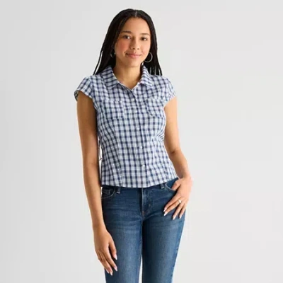 Arizona Womens Cap Sleeveless Regular Fit Button-down Shirt In Blue