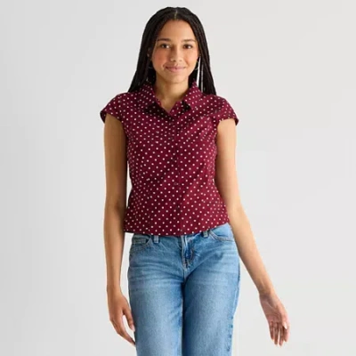 Arizona Womens Cap Sleeveless Regular Fit Button-down Shirt In Burgundy
