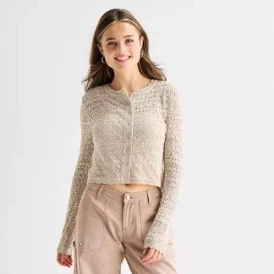 Arizona Womens Crew Neck Long Sleeve Button Juniors Cardigan In Neutral