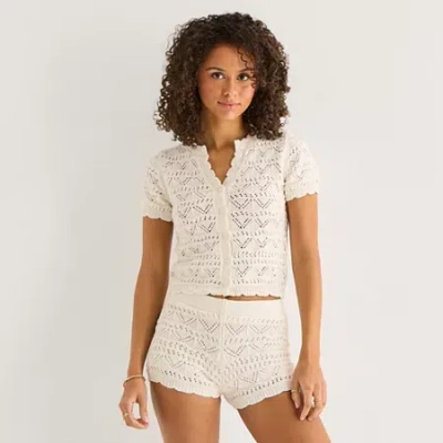 Arizona Womens Crew Neck Short Sleeve Button Juniors Cardigan In White