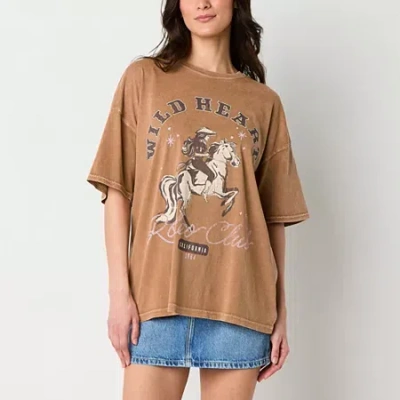 Arizona Womens Crew Neck Short Sleeve Oversized Juniors Graphic T-shirt In Brown