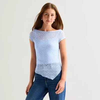 Arizona Womens Juniors Asymmetrical Neck Short Sleeve T-shirt In Blue