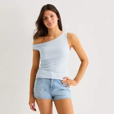 Arizona Womens Juniors Asymmetrical Neck Sleeveless T-shirt In Blue