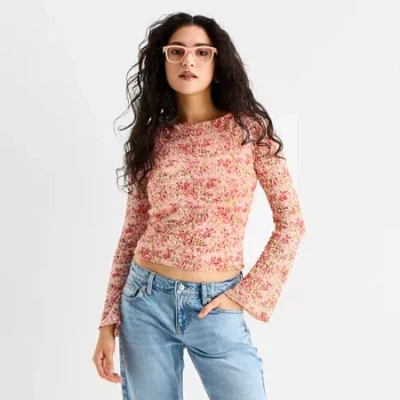 Arizona Womens Juniors Boat Neck Long Sleeve T-shirt In Pink