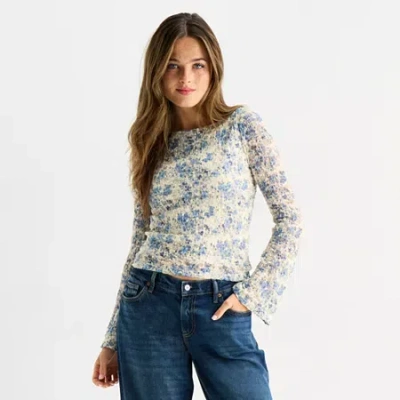 Arizona Womens Juniors Boat Neck Long Sleeve T-shirt In White