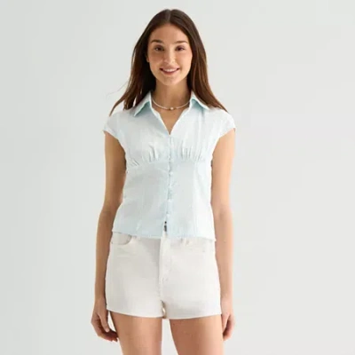 Arizona Womens Juniors Cap Short Sleeve Regular Fit Button-down Shirt In White