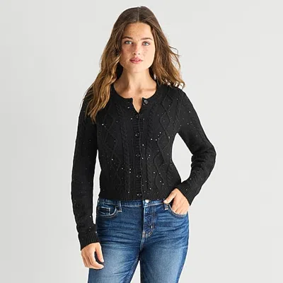 Arizona Womens Juniors Crew Neck Long Sleeve Button Cardigan In Multi