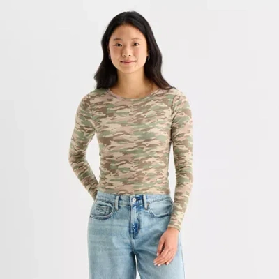 Arizona Womens Juniors Crew Neck Long Sleeve Layered Top In Green