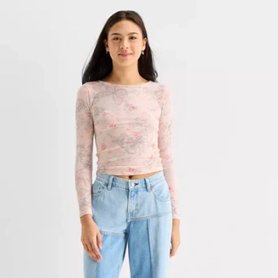 Arizona Womens Juniors Crew Neck Long Sleeve Layered Top In Pink