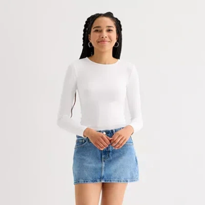 Arizona Womens Juniors Crew Neck Long Sleeve T-shirt In White