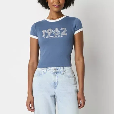 Arizona Womens Juniors Crew Neck Short Sleeve Graphic T-shirt In Blue