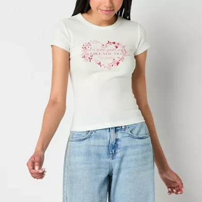 Arizona Womens Juniors Crew Neck Short Sleeve Graphic T-shirt In White