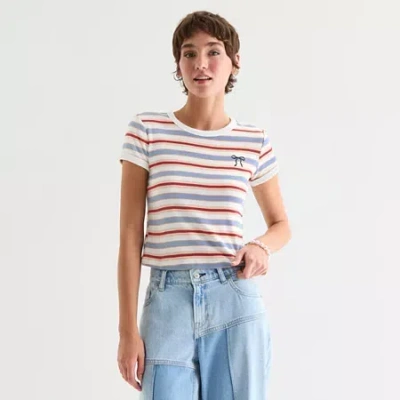 Arizona Womens Juniors Crew Neck Short Sleeve Graphic T-shirt In White