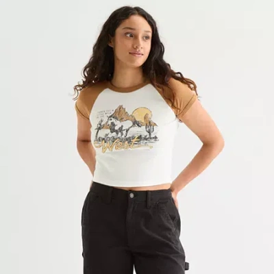 Arizona Womens Juniors Crew Neck Short Sleeve Graphic T-shirt In White