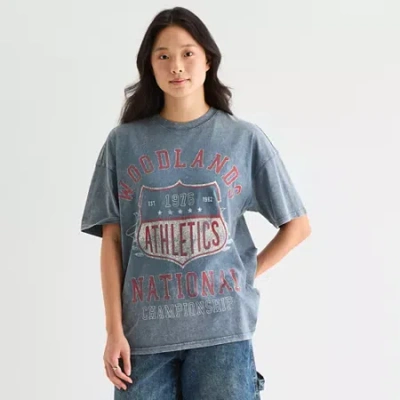 Arizona Womens Juniors Crew Neck Short Sleeve Oversized Graphic T-shirt In Blue