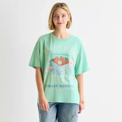 Arizona Womens Juniors Crew Neck Short Sleeve Oversized Graphic T-shirt In Green