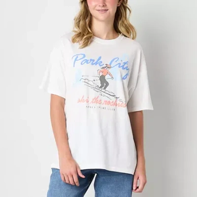Arizona Womens Juniors Crew Neck Short Sleeve Oversized Graphic T-shirt In White