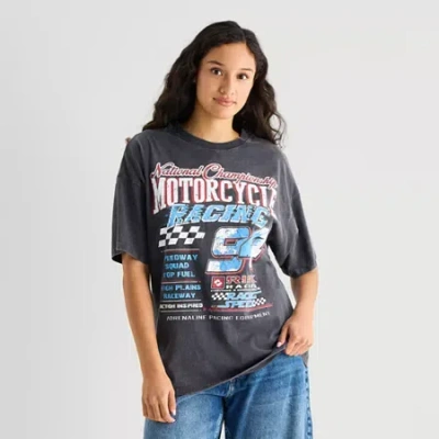 Arizona Womens Juniors Crew Neck Short Sleeve Oversized Graphic T-shirt In Gray