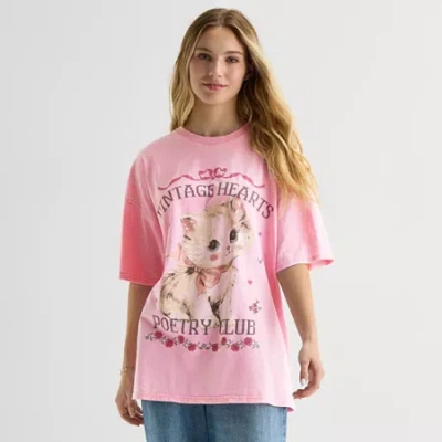 Arizona Womens Juniors Crew Neck Short Sleeve Oversized Graphic T-shirt In Pink