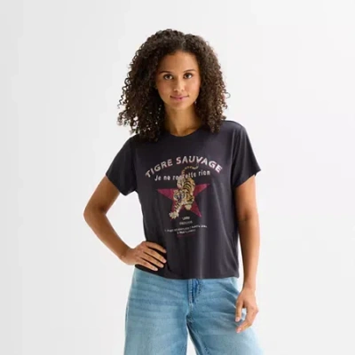Arizona Womens Juniors Crew Neck Short Sleeve Regular Fit Graphic T-shirt In Black