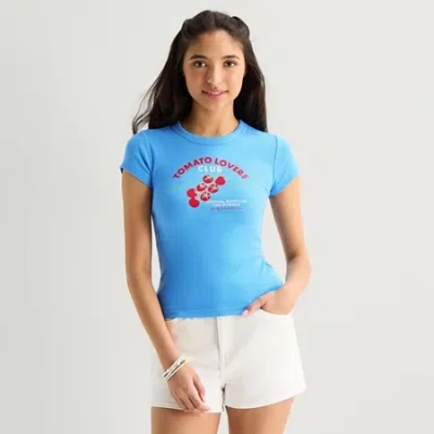 Arizona Womens Juniors Crew Neck Short Sleeve Regular Fit Graphic T-shirt In Blue