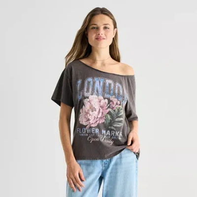 Arizona Womens Juniors Crew Neck Short Sleeve Regular Fit Graphic T-shirt In Gray