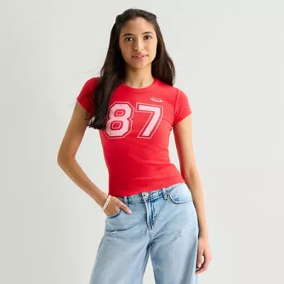 Arizona Womens Juniors Crew Neck Short Sleeve Regular Fit Graphic T-shirt In Red