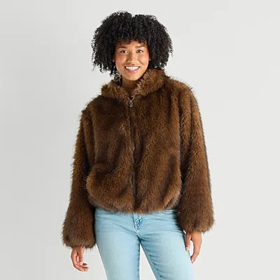 Arizona Womens Juniors Faux Fur Heavyweight Coat In Brown