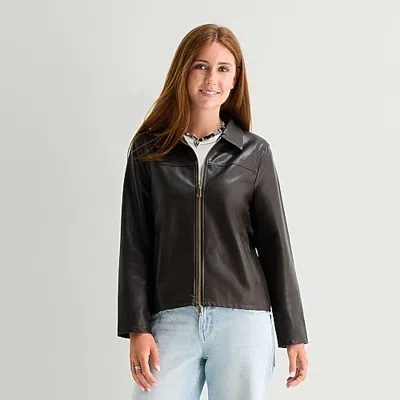 Arizona Womens Juniors Faux Leather Midweight Jacket In Brown