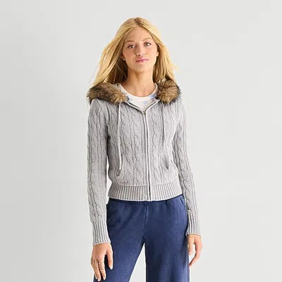 Arizona Womens Juniors Hooded Long Sleeve Zipper Cardigan In Gray