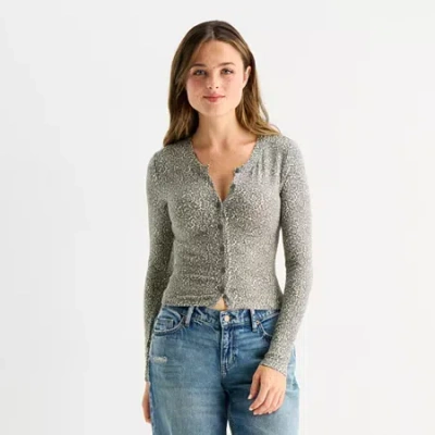 Arizona Womens Juniors Long Sleeve Button Cardigan In Brown