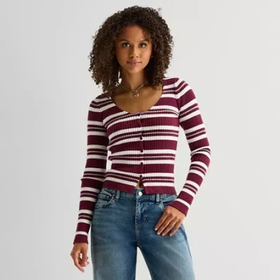 Arizona Womens Juniors Long Sleeve Button Cardigan In Brown