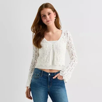 Arizona Womens Juniors Long Sleeve Button Cardigan In White