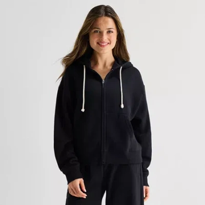 Arizona Womens Juniors Long Sleeve Fleece Zipper Hoodie In Black