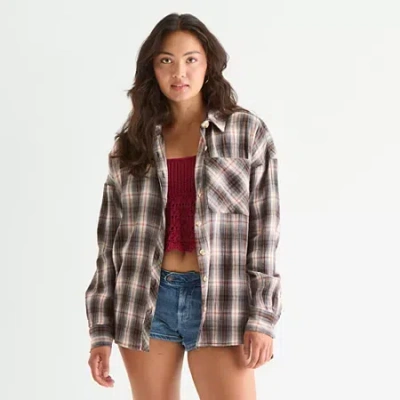 Arizona Womens Juniors Long Sleeve Oversized Button-down Shirt In Gray