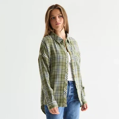 Arizona Womens Juniors Long Sleeve Oversized Button-down Shirt In Green