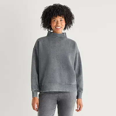 Arizona Womens Juniors Mock Neck Long Sleeve Sweatshirt In Black