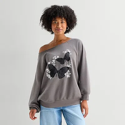 Arizona Womens Juniors Off The Shoulder Long Sleeve Sweatshirt In Black
