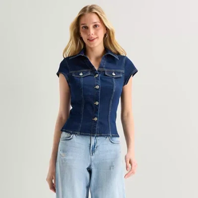 Arizona Womens Juniors Regular Fit Button-down Shirt In Blue