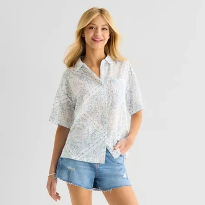Arizona Womens Juniors Regular Fit Button-down Shirt In White