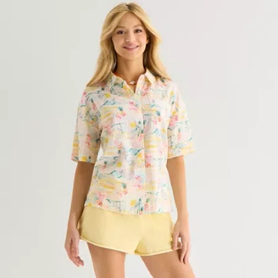 Arizona Womens Juniors Regular Fit Button-down Shirt In Yellow