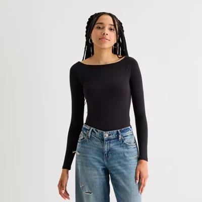 Arizona Womens Juniors Round Neck Long Sleeve Bodysuit In Black