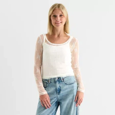 Arizona Womens Juniors Round Neck Long Sleeve Layered Top In White