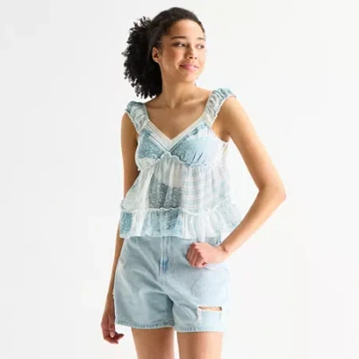 Arizona Womens Juniors Round Neck Short Sleeve Babydoll Top In Blue