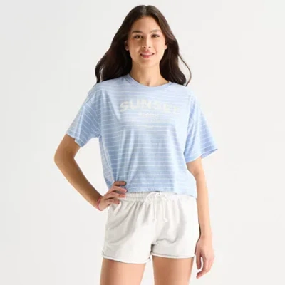 Arizona Womens Juniors Round Neck Short Sleeve Boxy Fit Graphic T-shirt In Blue