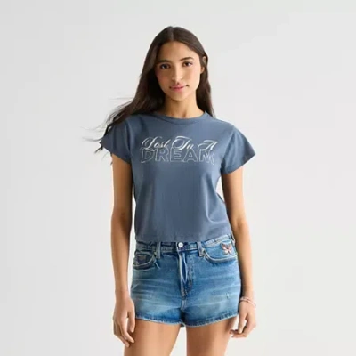 Arizona Womens Juniors Round Neck Short Sleeve Classic Fit Graphic T-shirt In Blue