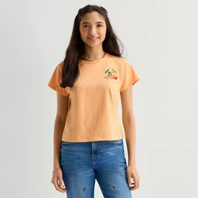 Arizona Womens Juniors Round Neck Short Sleeve Classic Fit Graphic T-shirt In Orange