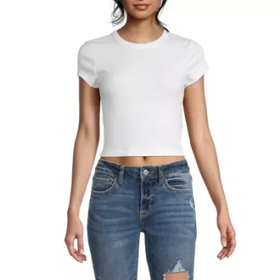 Arizona Womens Juniors Round Neck Short Sleeve Crop Top In White