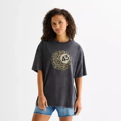 Arizona Womens Juniors Round Neck Short Sleeve Oversized Graphic T-shirt In Gray