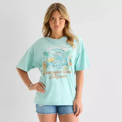 Arizona Womens Juniors Round Neck Short Sleeve Oversized Graphic T-shirt In Blue